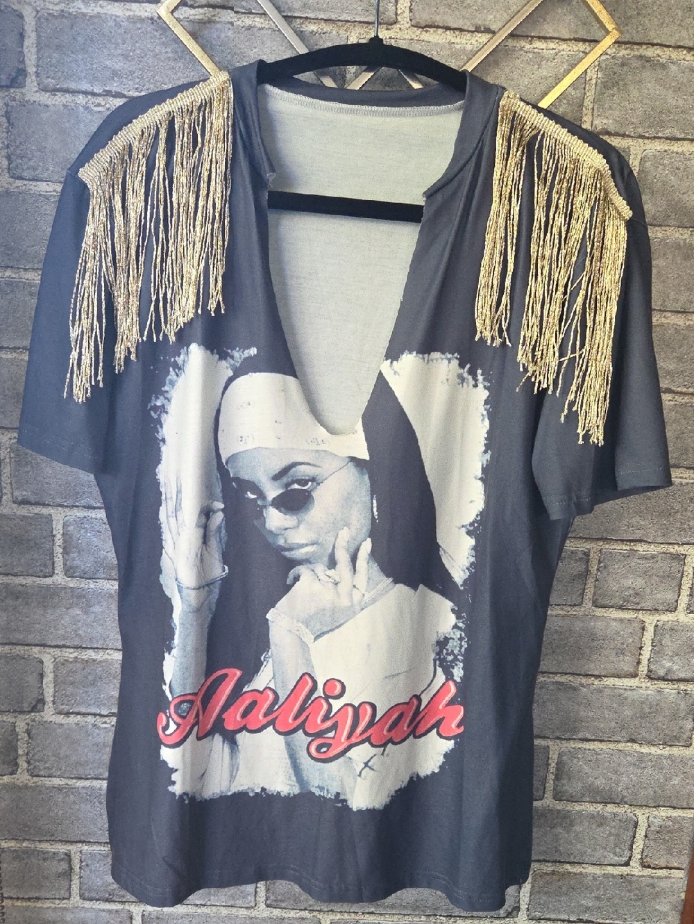 Gray Aaliyah Graphic Tee with Gold Fringe Shoulders